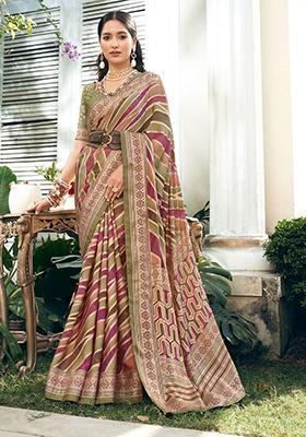 Beige Abstract Print Georgette Saree Set