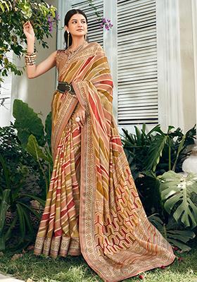 Peach Abstract Print Georgette Saree Set
