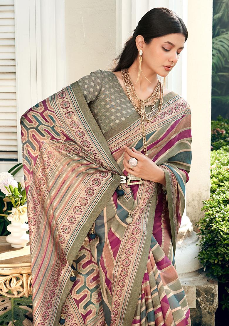 Grey Abstract Print Georgette Saree Set