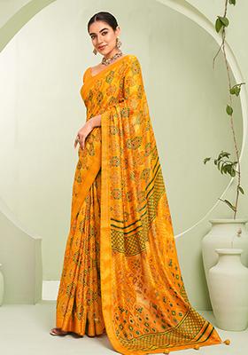 Yellow Abstract Print Georgette Saree Set