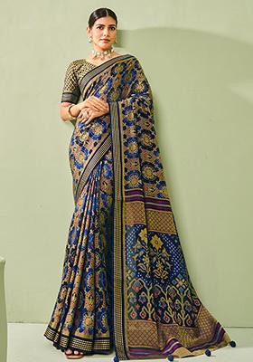 Blue Abstract Print Georgette Saree Set