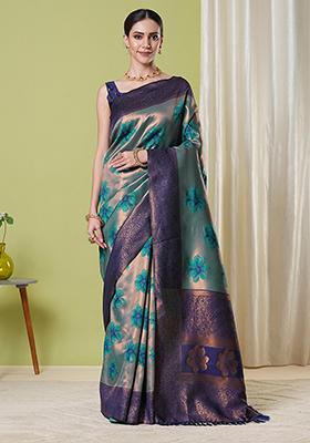Aqua Blue Zari Woven Silk Saree Set