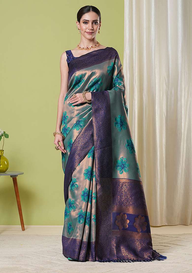 Aqua Blue Zari Woven Silk Saree Set for Diwali | Wedding & Festive Wear - Indya