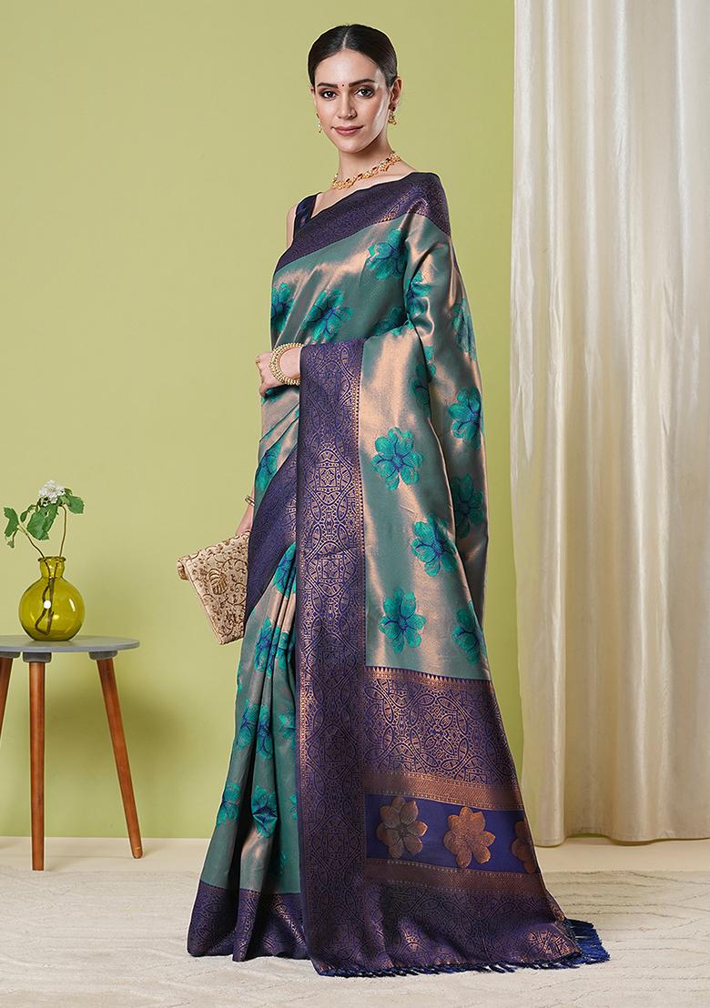 Aqua Blue Zari Woven Silk Saree Set