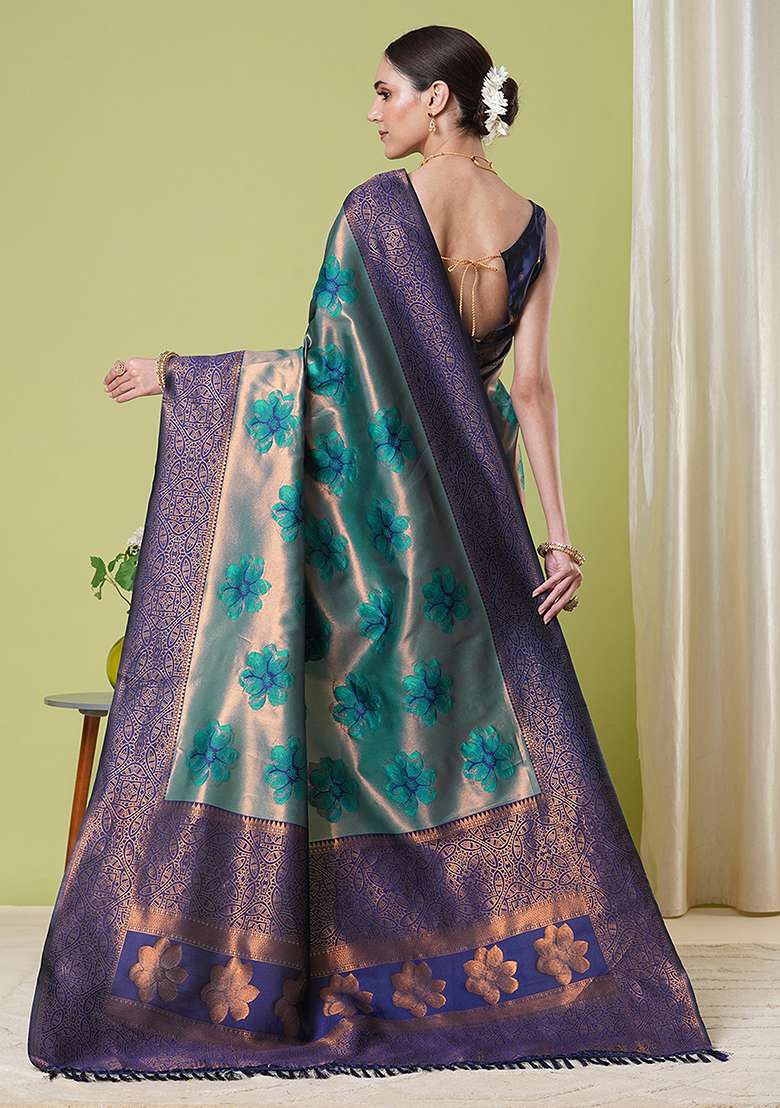 Aqua Blue Zari Woven Silk Saree Set for Diwali | Wedding & Festive Wear - Indya