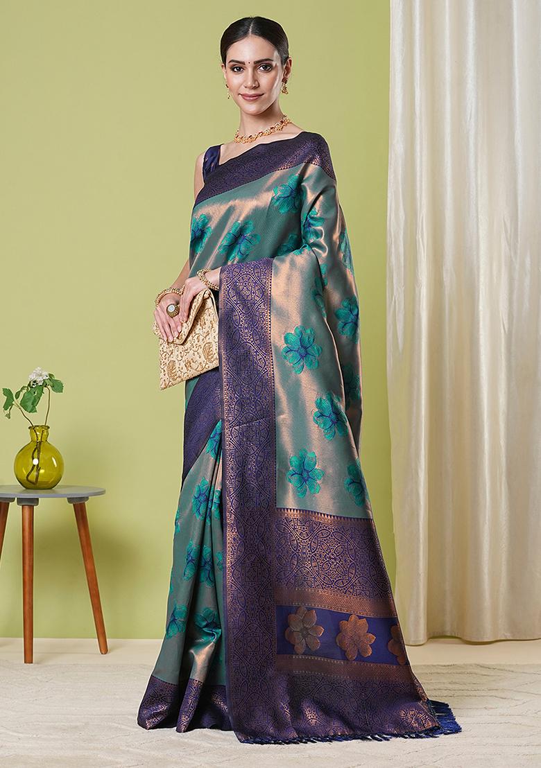 Aqua Blue Zari Woven Silk Saree Set