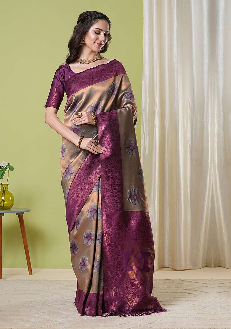 Brown Zari Woven Silk Saree Set for Diwali | Wedding & Festive Wear - Indya