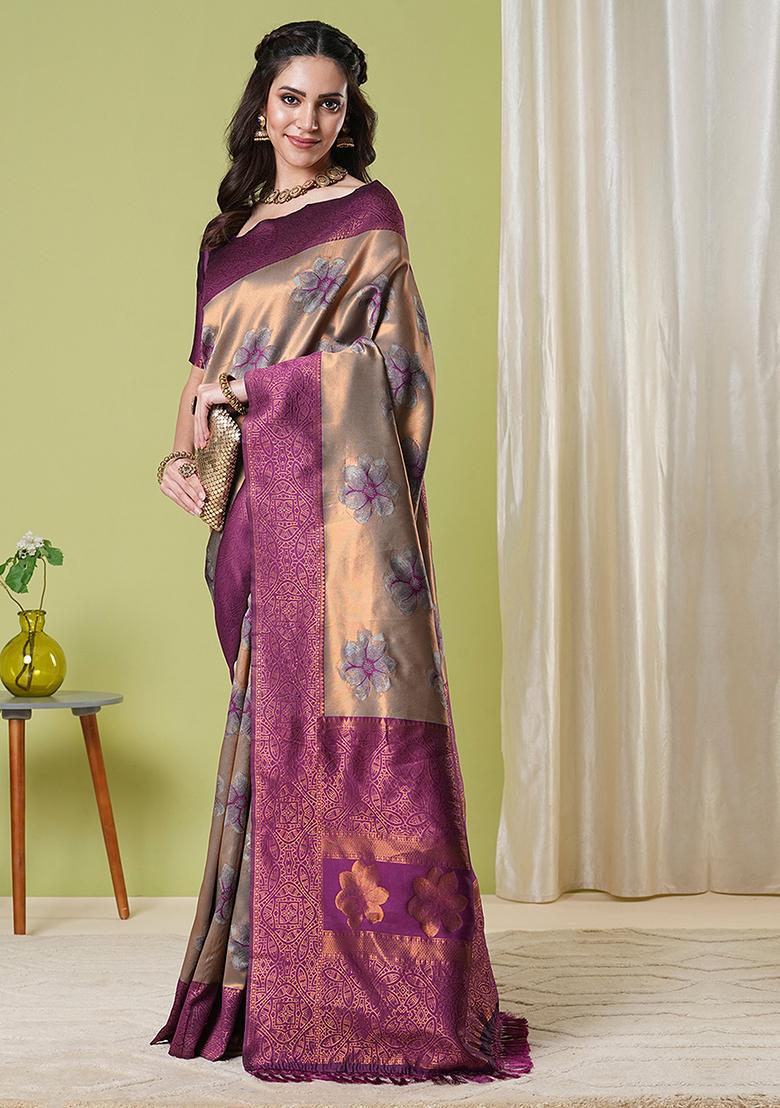 Brown Zari Woven Silk Saree Set