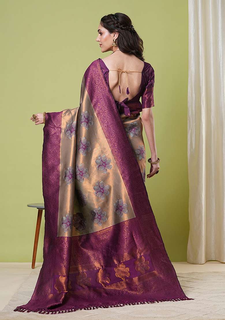 Brown Zari Woven Silk Saree Set for Diwali | Wedding & Festive Wear - Indya