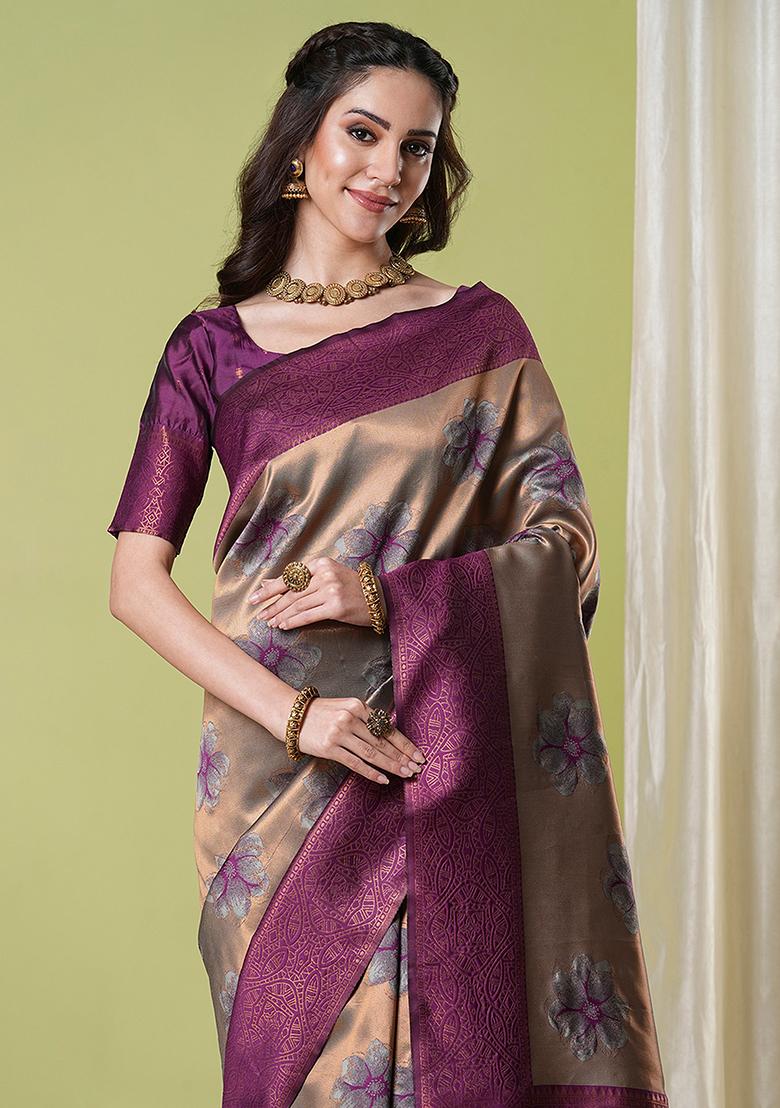 Brown Zari Woven Silk Saree Set