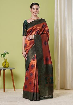 Orange Zari Woven Silk Saree Set