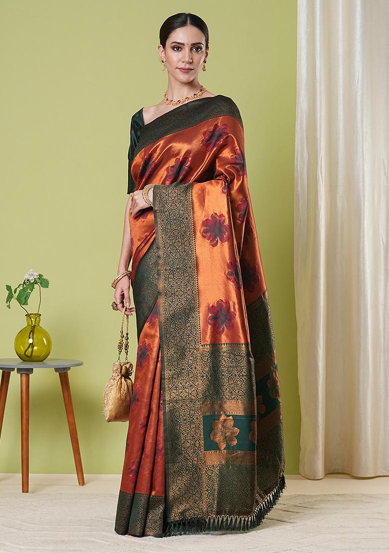 Orange Zari Woven Silk Saree Set