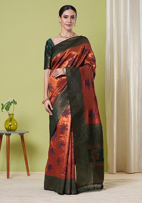 Orange Zari Woven Silk Saree Set