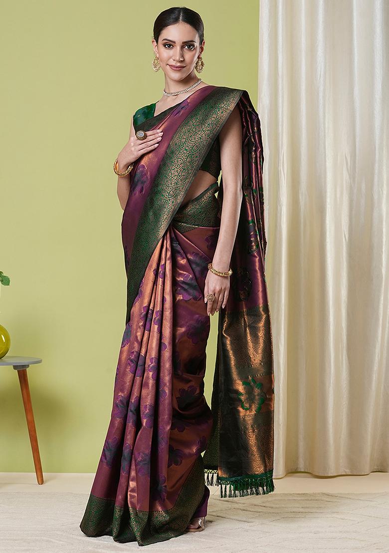 Wine Zari Woven Silk Saree Set
