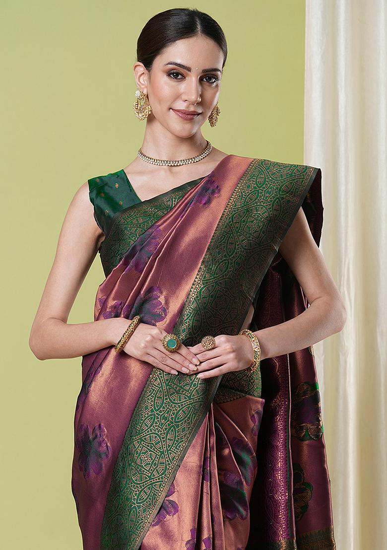 Wine Zari Woven Silk Saree Set