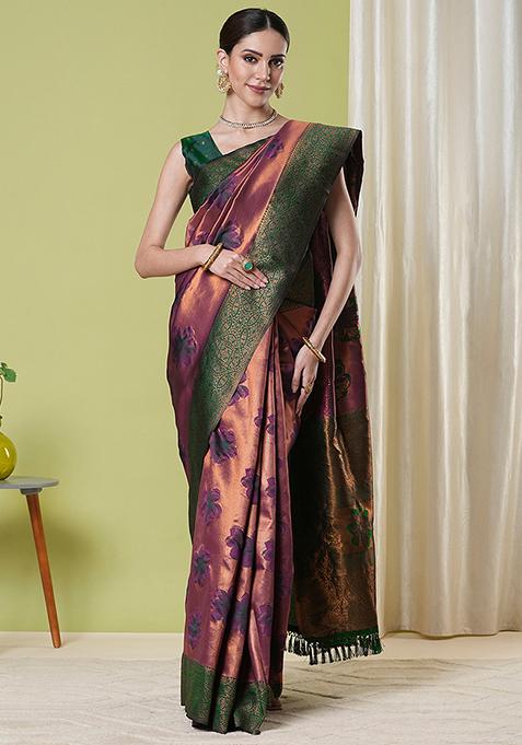 Wine Zari Woven Silk Saree Set