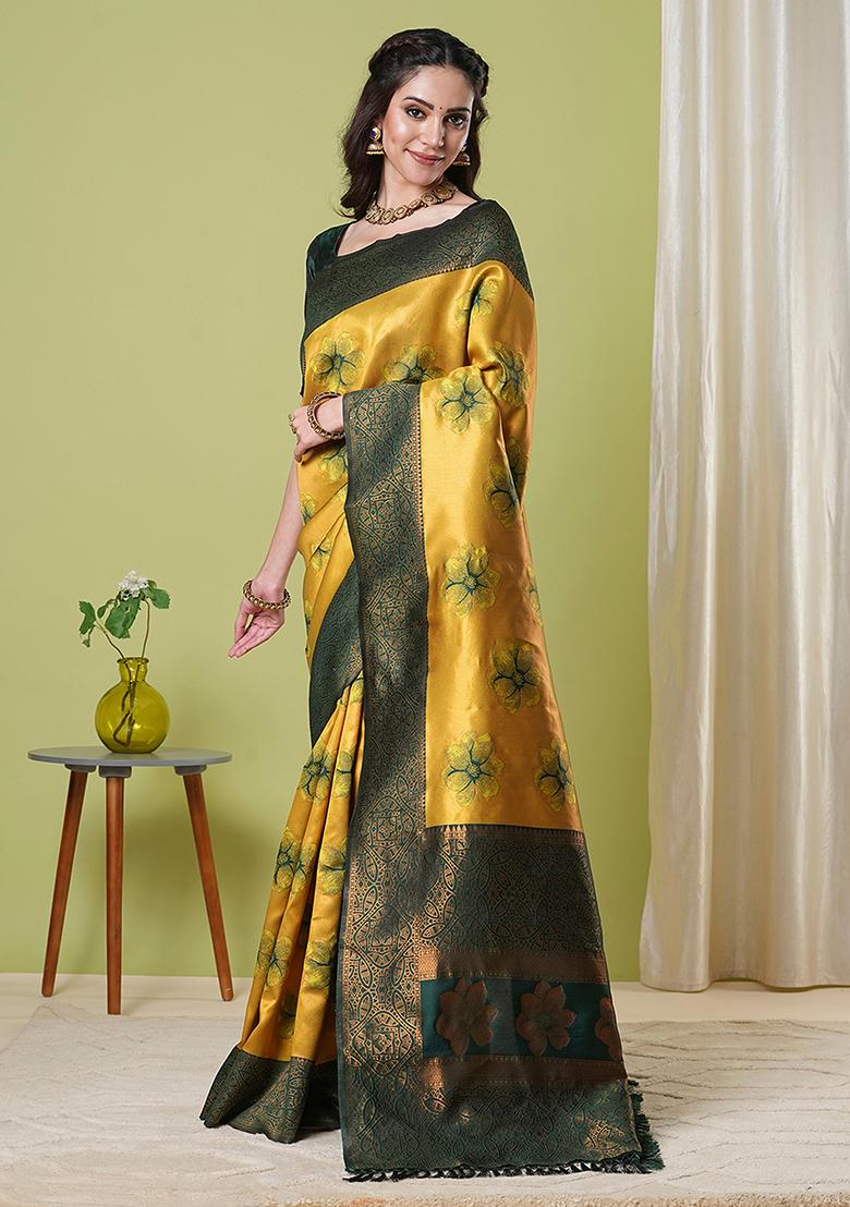 Yellow Zari Woven Silk Saree Set