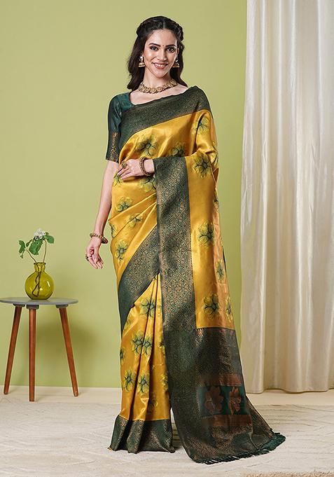 Yellow Zari Woven Silk Saree Set