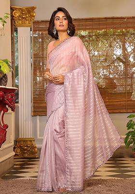 Lavender Sequin Work Organza Saree Set