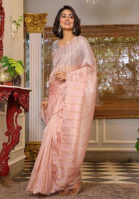 Peach Sequin Work Organza Saree Set