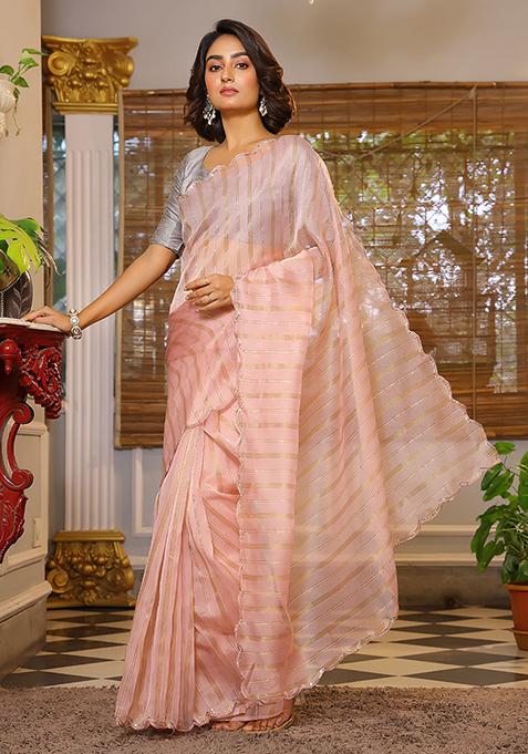 Peach Sequin Work Organza Saree Set