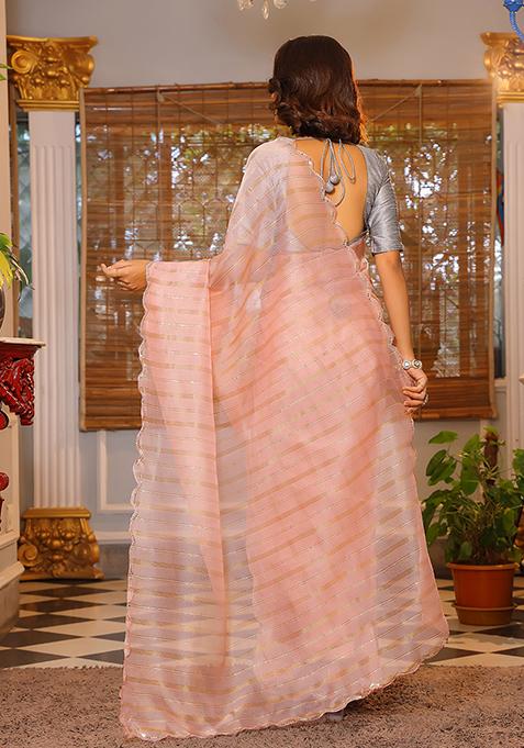 Peach Sequin Work Organza Saree Set