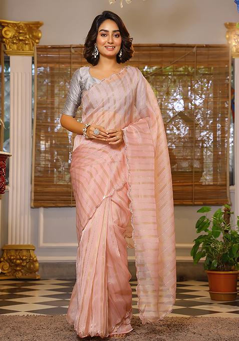 Peach Sequin Work Organza Saree Set