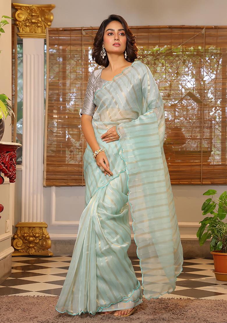 Sea Green Sequin Work Organza Saree Set