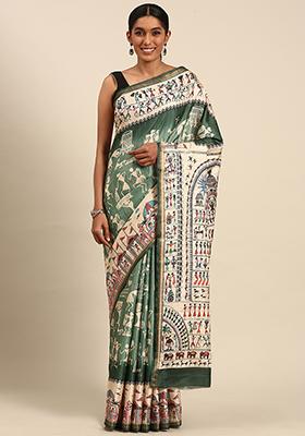 Green Abstract Print Cotton Saree Set