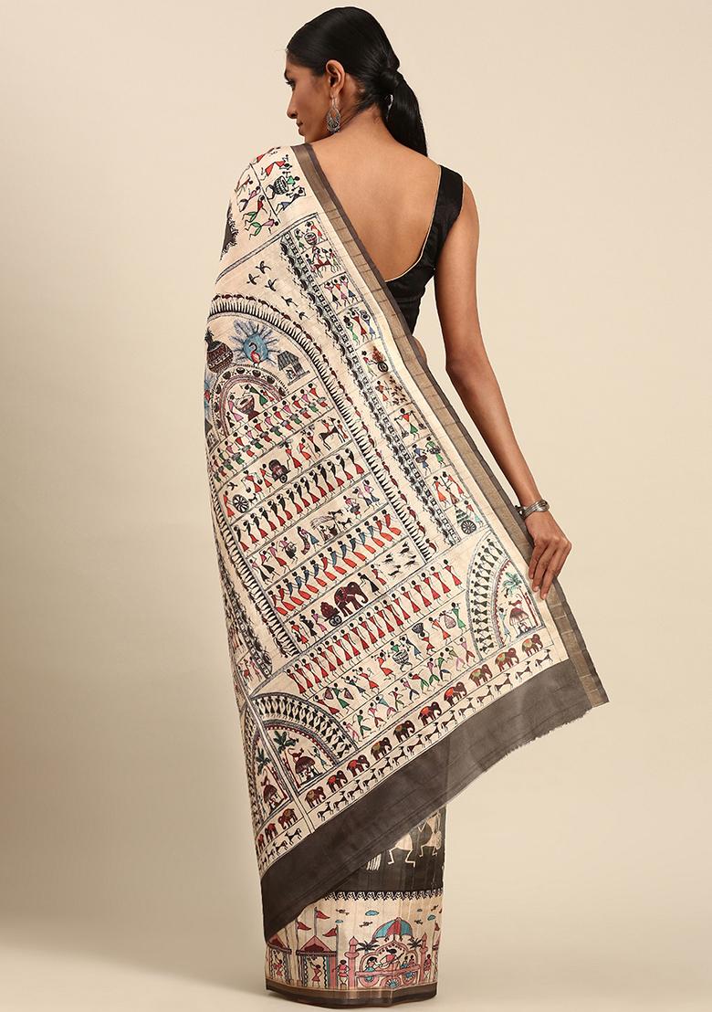 Brown Abstract Print Cotton Saree Set