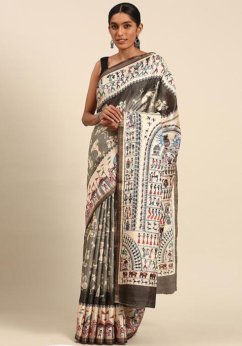 Brown Abstract Print Cotton Saree Set