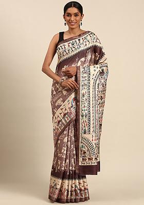 Wine Abstract Print Cotton Saree Set