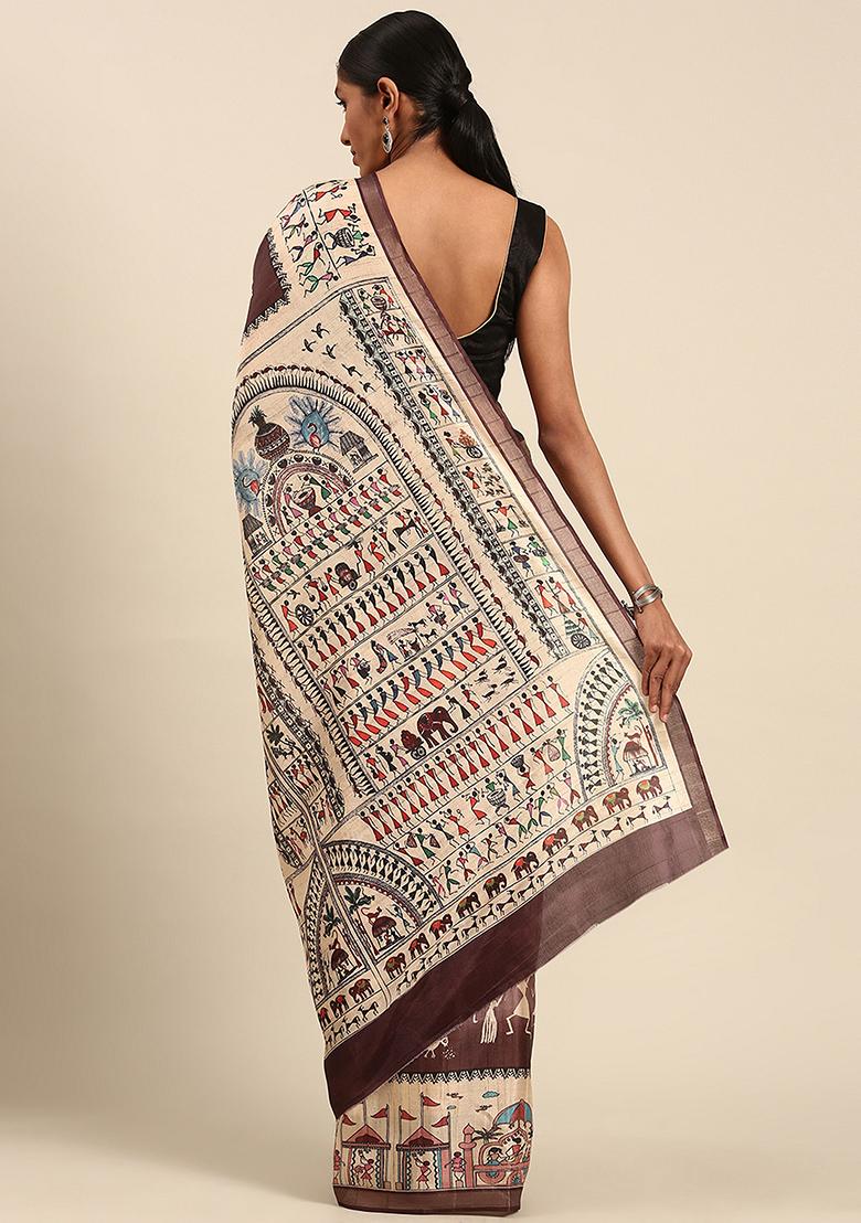 Wine Abstract Print Cotton Saree Set