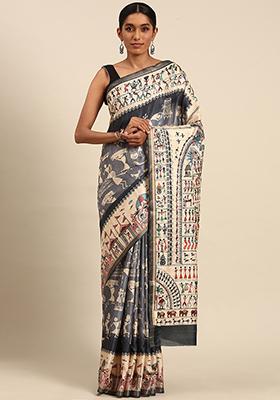 Grey Abstract Print Cotton Saree Set