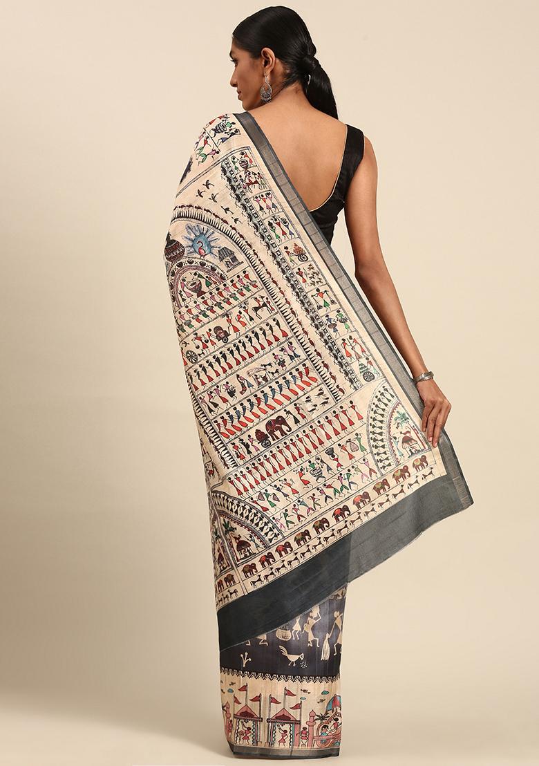 Grey Abstract Print Cotton Saree Set