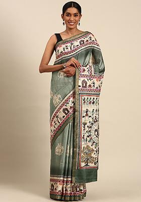 Green Abstract Print Cotton Saree Set