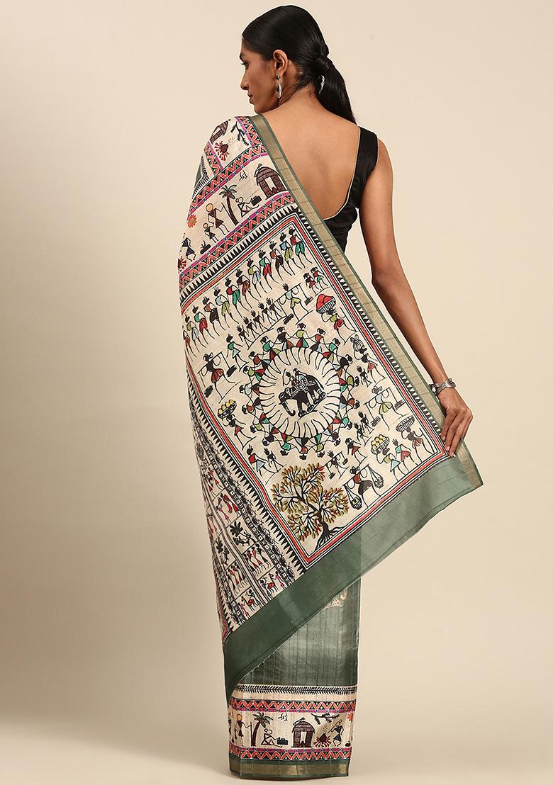 Green Abstract Print Cotton Saree Set