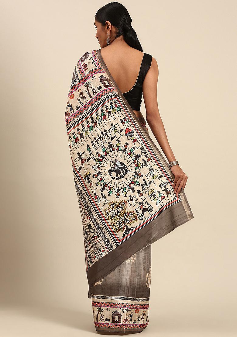 Brown Abstract Print Cotton Saree Set