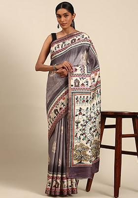 Purple Abstract Print Cotton Saree Set