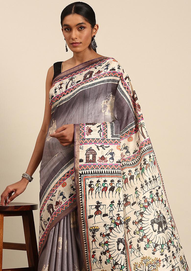 Purple Abstract Print Cotton Saree Set