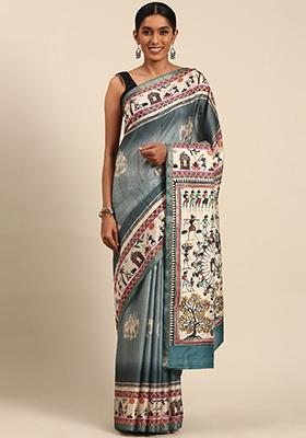 Blue Abstract Print Cotton Saree Set