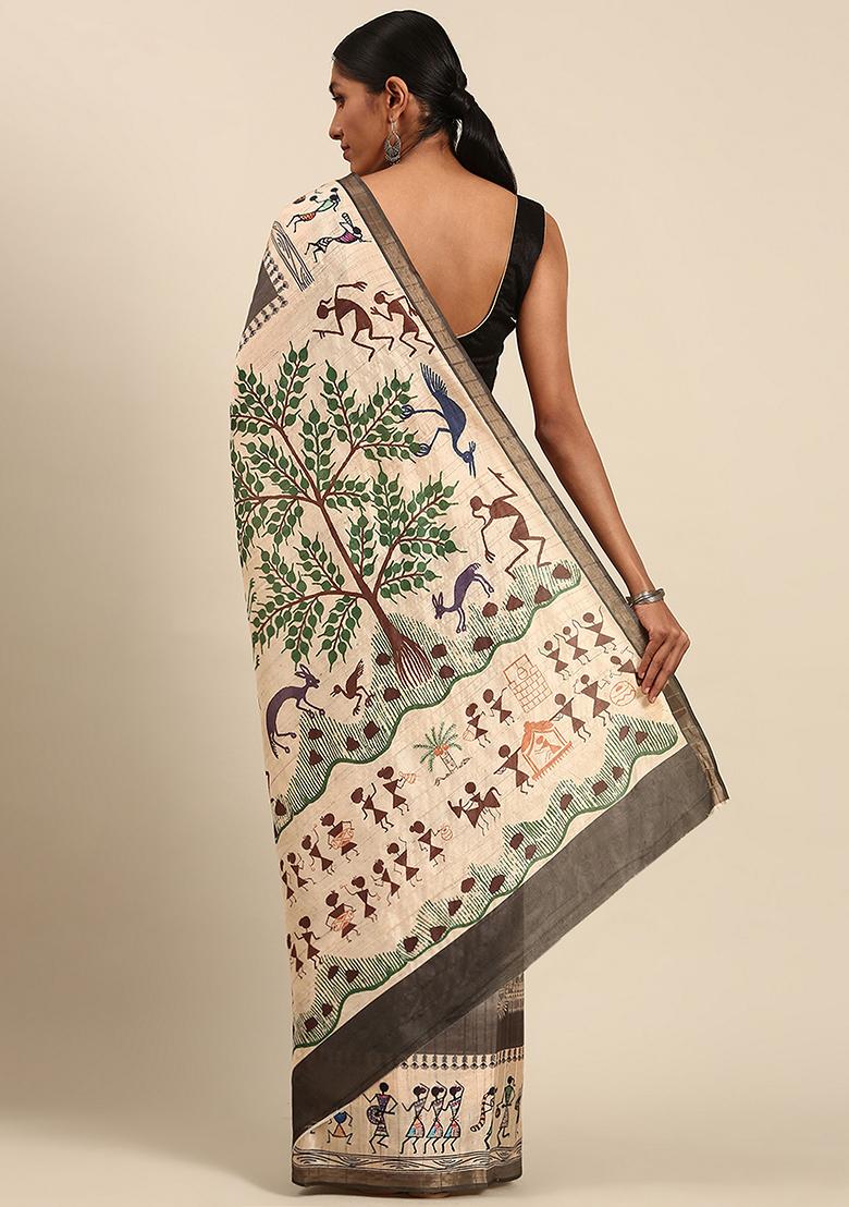 Brown Abstract Print Cotton Saree Set