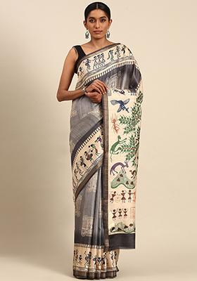 Grey Abstract Print Cotton Saree Set