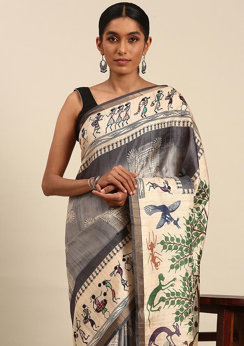 Grey Abstract Print Cotton Saree Set