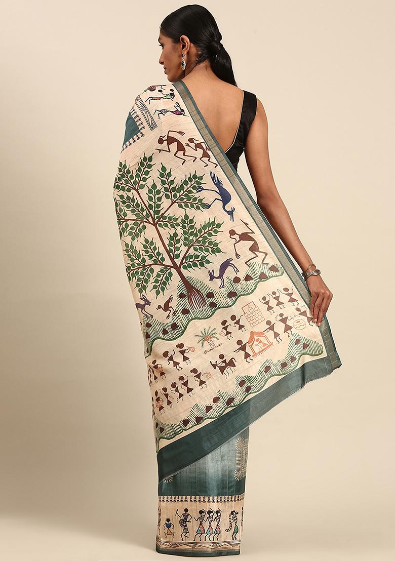 Green Abstract Print Cotton Saree Set