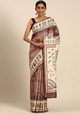Maroon Abstract Print Cotton Saree Set