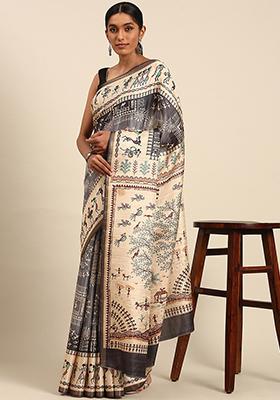 Grey Abstract Print Cotton Saree Set