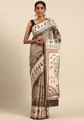 Brown Abstract Print Cotton Saree Set