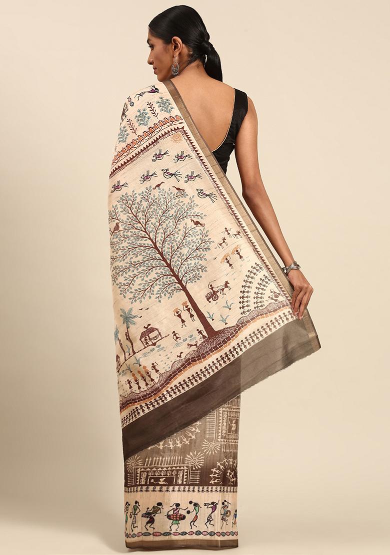 Brown Abstract Print Cotton Saree Set