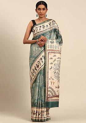 Green Abstract Print Cotton Saree Set